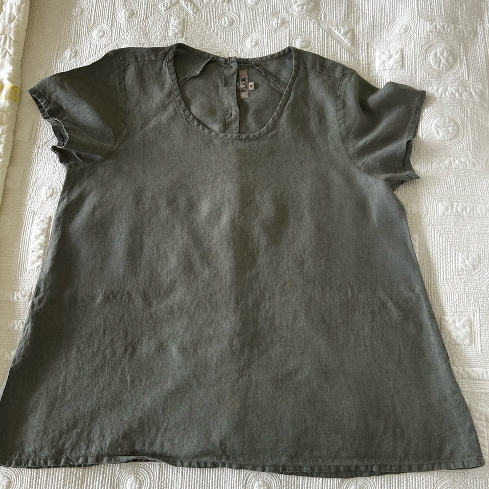 Flax Sage Green Short Sleeve Women's Top Buttoned up back.